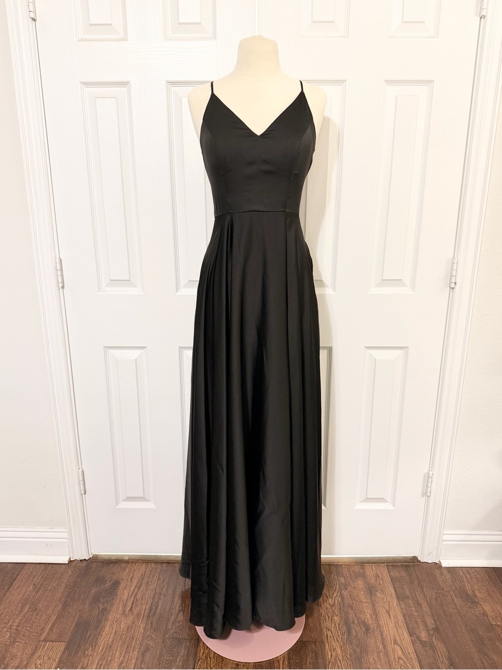 B Darlin Black V-Neck Spaghetti Strap Prom Gown with Pockets
